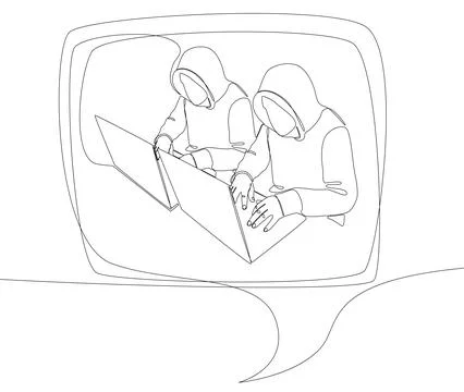 One continuous line of speech bubble with Computer Hacker. Thin Line Illust.. Illustrazione stock