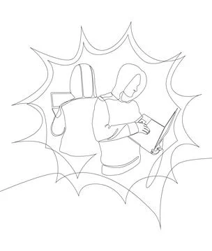 One continuous line of speech bubble with Computer Hacker. Thin Line Illust.. Stock Illustration