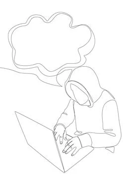 One continuous line of speech bubble with Computer Hacker. Thin Line Illust.. イラスト素材