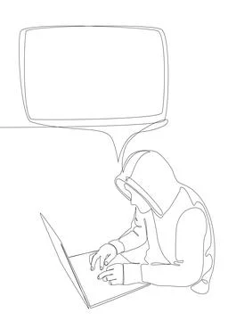 One continuous line of speech bubble with Computer Hacker. Thin Line Illust.. Illustrazione stock