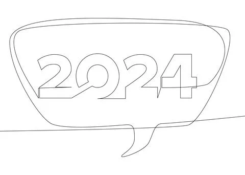 One continuous line of speech bubble with 2024 number. Thin Line Illustrati.. Stock Illustration