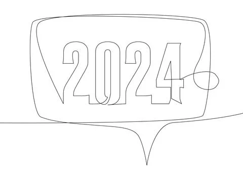 One continuous line of speech bubble with 2024 number. Thin Line Illustrati.. Stock Illustration