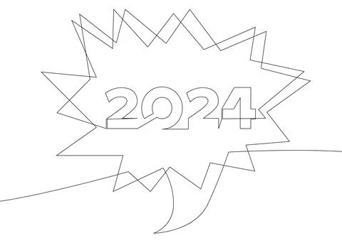 One continuous line of speech bubble with 2024 number. Thin Line Illustrati.. Stock Illustration