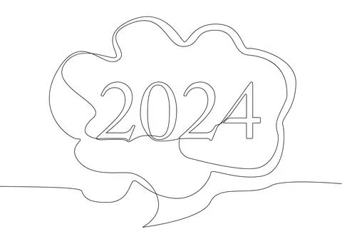 One continuous line of speech bubble with 2024 number. Thin Line Illustrati.. Stock Illustration