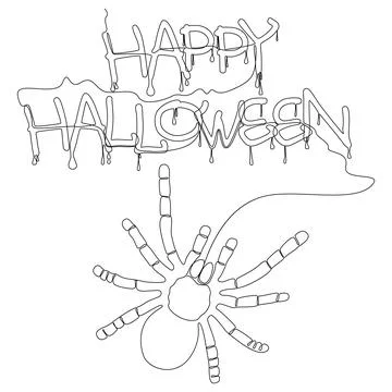 One continuous line of spider and Happy Halloween text. Thin Line Illustratio Stock Illustration