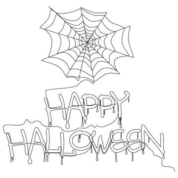 One continuous line of a spider web and Happy Halloween text. Thin Line Illus Stock Illustration