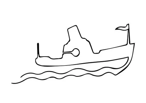 One continuous line steamship boat on waves with sign. Black and white vector Stock Illustration