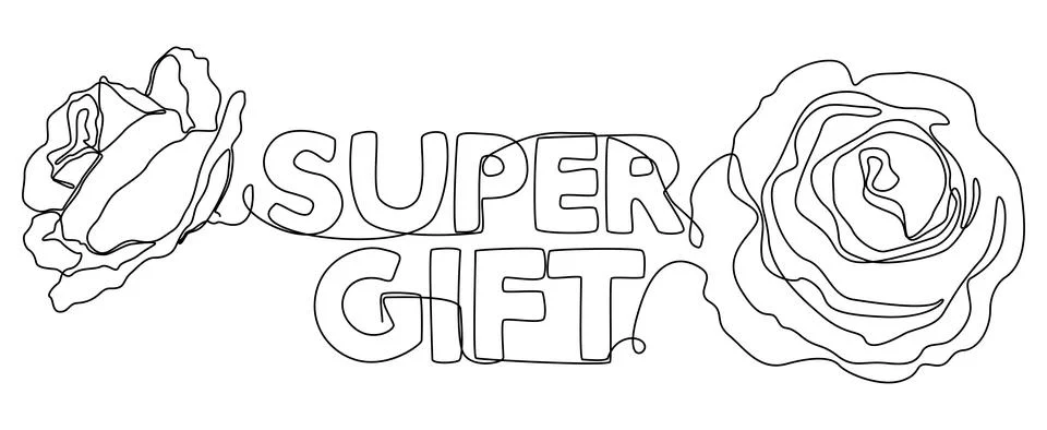 One continuous line of Super Gift word with rose flowers. Thin Line Illustr.. Illustrazione stock