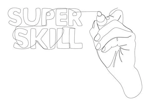 One continuous line of Super Skill word written by with felt tip pen. Thin .. Illustrazione stock