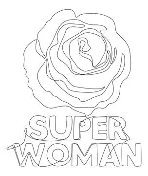 One continuous line of Super Woman word with rose flowers. Thin Line Illust.. Stock Illustration