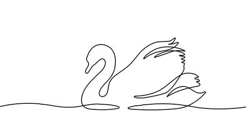 One continuous line swan bird on water surface in line art drawing style. Black 스톡 일러스트