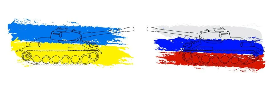 One continuous line of tank or armored vehicle with flags color in the back.. Stock Illustration