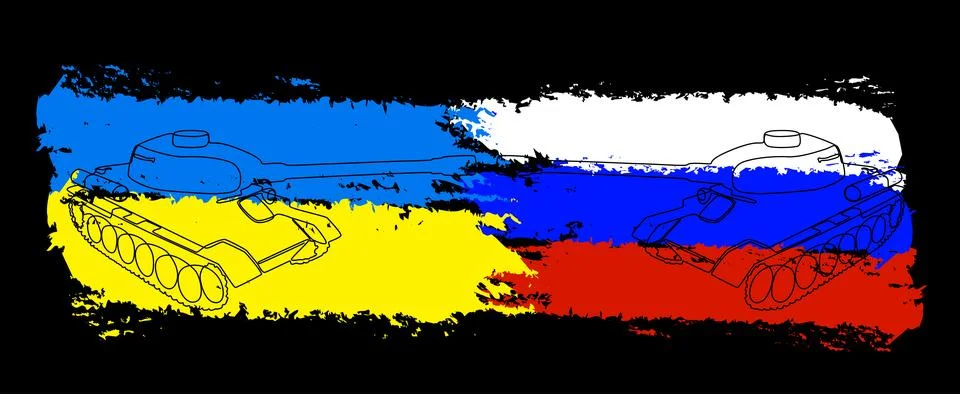 One continuous line of tank or armored vehicle with flags color in the back.. Stock Illustration