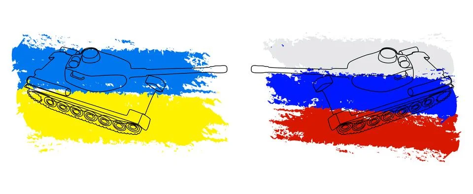 One continuous line of tank or armored vehicle with flags color in the back.. Stock Illustration