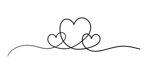 One continuous line three hearts. Hand drawn minimal love icon, doodle single Stock Illustration