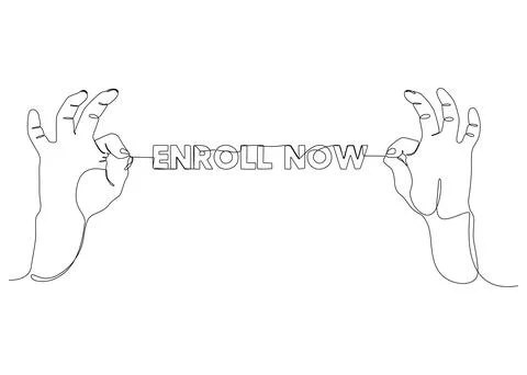 One continuous line of two hand holding a string with Enroll Now word. Thin L Stock Illustration
