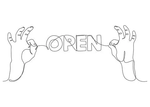 One continuous line of two hand holding a string with Open word. Thin Line Il Stockillustratie