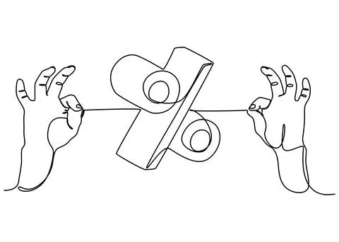 One continuous line of two hand holding a string with Percentage Sign word. T Stock Illustration