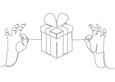 One continuous line of two hand holding a string with Gift Box. Thin Line Ill Stock Illustration