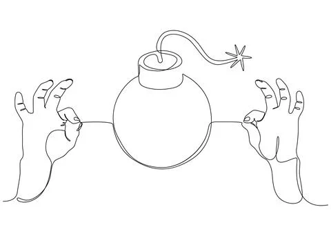 One continuous line of two hand holding a string with Bomb word. Thin Line Il Stockillustratie