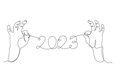One continuous line of two hand holding a string with 2023 number. Thin Lin.. Stock Illustration