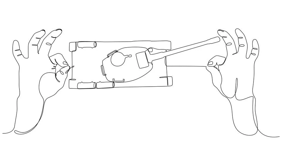 One continuous line of two hand holding a string with Armored Tank. Thin Li.. Stock Illustration