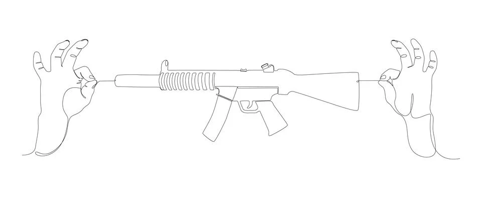 One continuous line of two hand holding a string with Machine Gun. Thin Lin.. Illustrazione stock