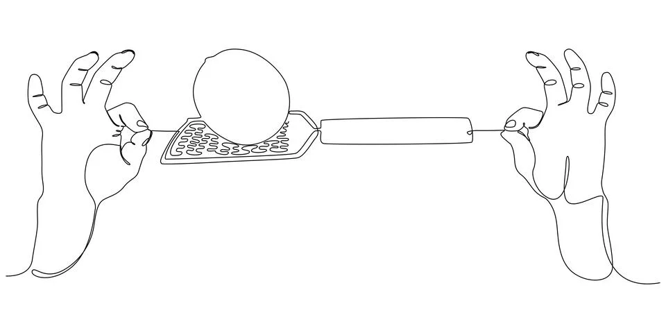 One continuous line of two hand holding a string with Lemon and grater. Thi.. Illustrazione stock
