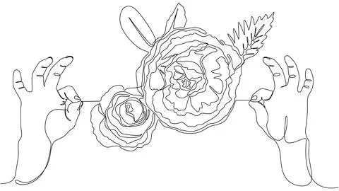 One continuous line of two hand holding a string with rose. Thin Line Illus.. 스톡 일러스트