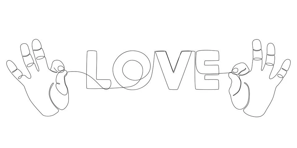 One continuous line of two hand holding a string with Love word. Thin Line .. Illustrazione stock