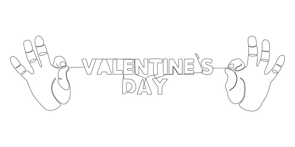 One continuous line of two hand holding a string with Valentines Day word. .. Stock Illustration