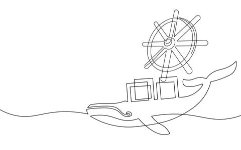 One continuous line wheel helm computer developer app concept. Business digital Stock Illustration