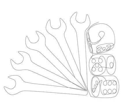 One continuous line of Wrench and dice. Thin Line Illustration vector conce.. Иллюстрация