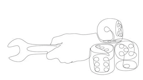 One continuous line of Wrench and dice. Thin Line Illustration vector conce.. Stock Illustration