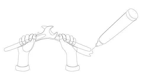 One continuous line of Wrench drawn with a pencil, felt tip pen. Thin Line .. Stock Illustration