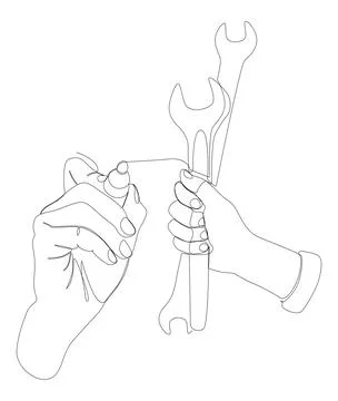 One continuous line of Wrench drawn with a pencil, felt tip pen. Thin Line .. Stock Illustration
