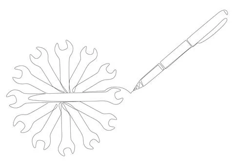 One continuous line of Wrench drawn with a pencil, felt tip pen. Thin Line .. Stock Illustration