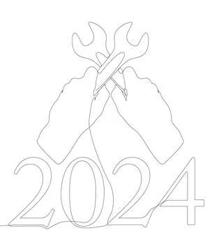 One continuous line of Wrench with number 2024. Thin Line Illustration vect.. Stock Illustration