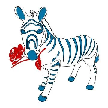 One continuous line of Zebra with rose flower in his mouth. Thin Line Illus.. Stock Illustration