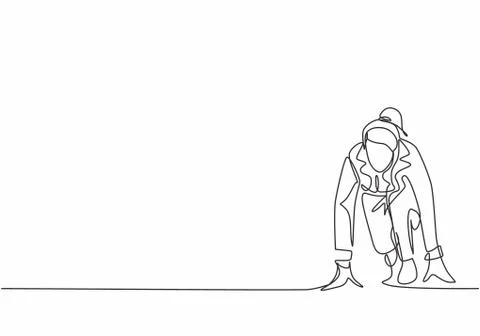 One continuous single line drawing of happy businesswoman gets ready to run Stock Illustration