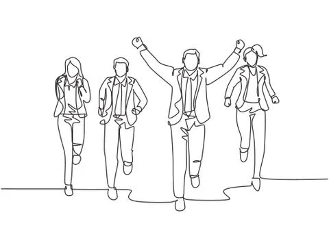 One continuous single line drawing of young happy male manager rise fist Stock Illustration