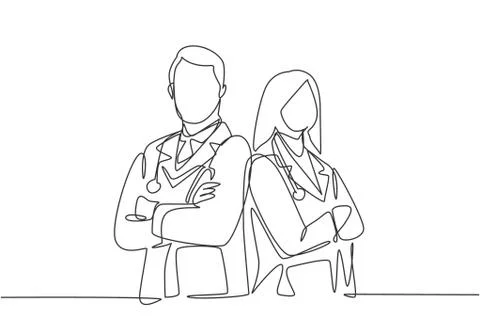 One continuous single line drawing of young couple male and female doctors Stock Illustration