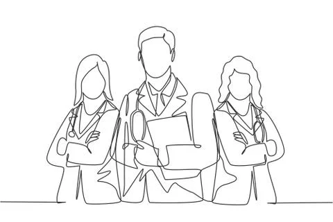 One continuous single line drawing group of young male and female doctors Stock Illustration