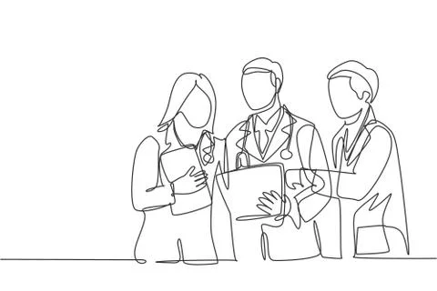 One continuous single line drawing of male and female doctors discussing Stock Illustration