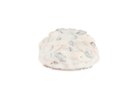 One cookie with nuts covered with white chocolate glaze on a white background Stock Photos