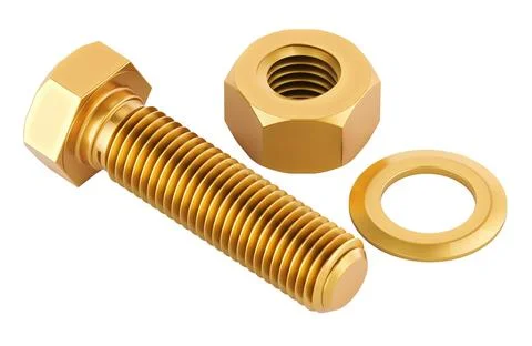 One Copper Bolt with Nut and Washer, 3D rendering Stock Illustration