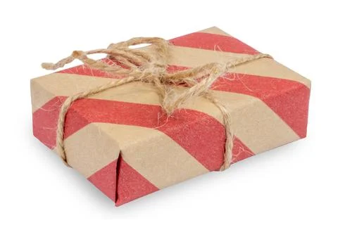 One craft rustic gift box in a red and brown craft paper isolated on white Stock Photos