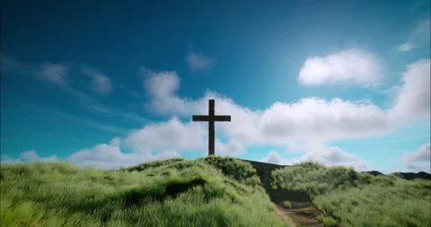 One cross on the green hill with clouds moving on blue sky Stock Footage 246505514