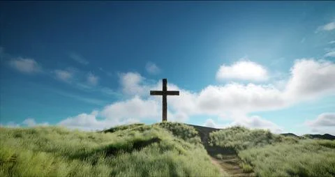 One cross on the hill with clouds moving on blue starry sky Stockfoto's