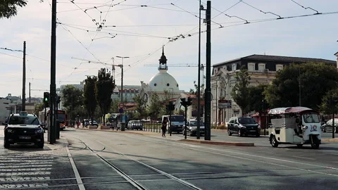 One of the crowded and busiest corner for traffic jam in Lisbon, Portugal Stock Footage 138038215
